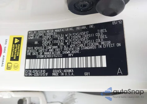 2012 Toyota Highlander Se V6 from USA, damaged, VIN 5TDBK3EH0CS152333